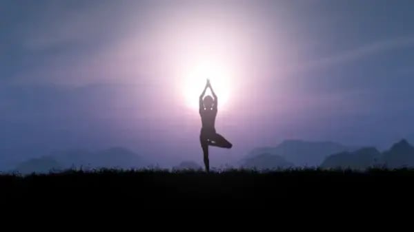 3d-female-yoga-pose-against-sunset-landscape
